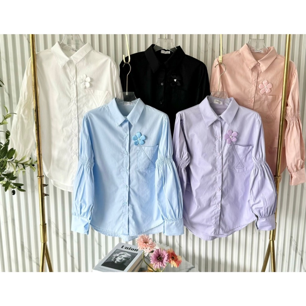 ป้าย Saturday เสื้อเชิ้ตแขนยาวสม็อคแขน แต่งดอกไม้ที่กระเป๋า อก 42 นิ้ว
