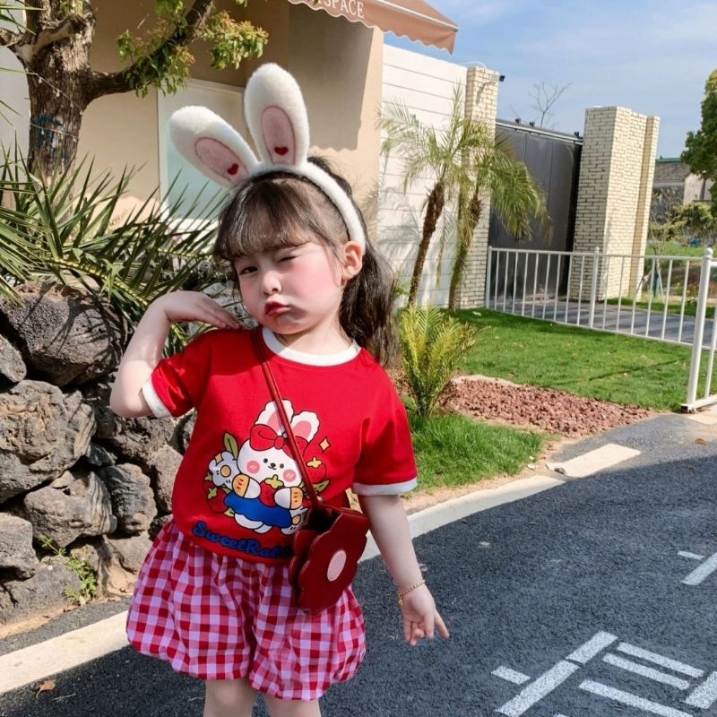 ชุดเซ็ตลูกสาว กางเกงบอลลูน สีแดงสดใส
