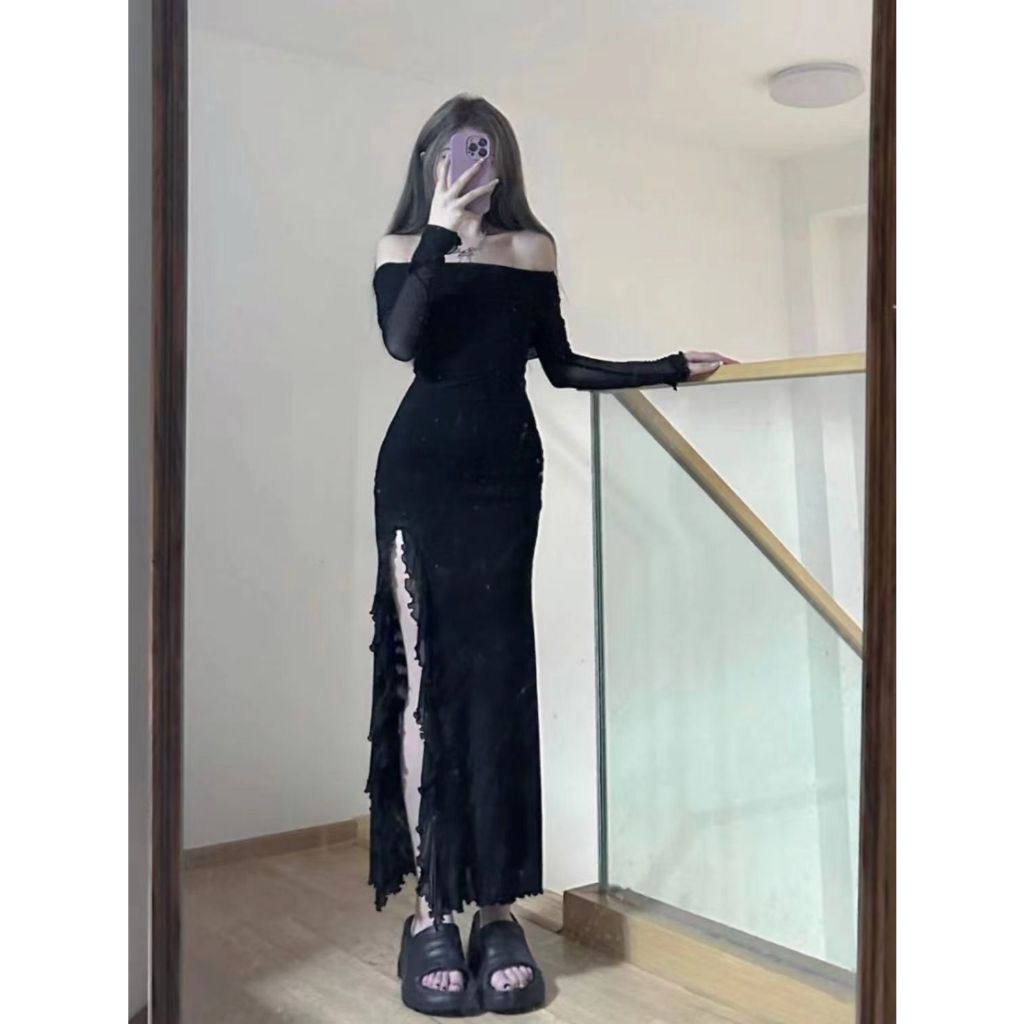 🌼ชุดเดรส,🌼2024 ใหม่กระโปรงยาว Babes แขนยาวบางชุดเอวสูงผิดปกติกรีด