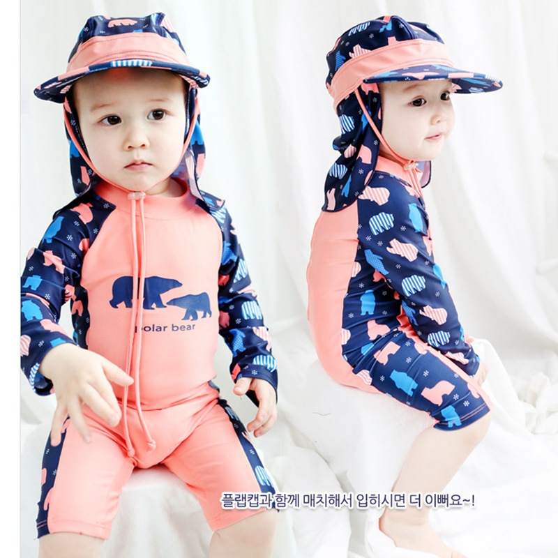 NT Baby-033 (บริการส่งด่วนกรุงเทพฯ) ‍❄️ Polar Bear Sun-Protect Swim Set– ชุดว่ายน้ำแขนยาวเด็ก พร้อมหมวกกันแดด ลายน้องหมี