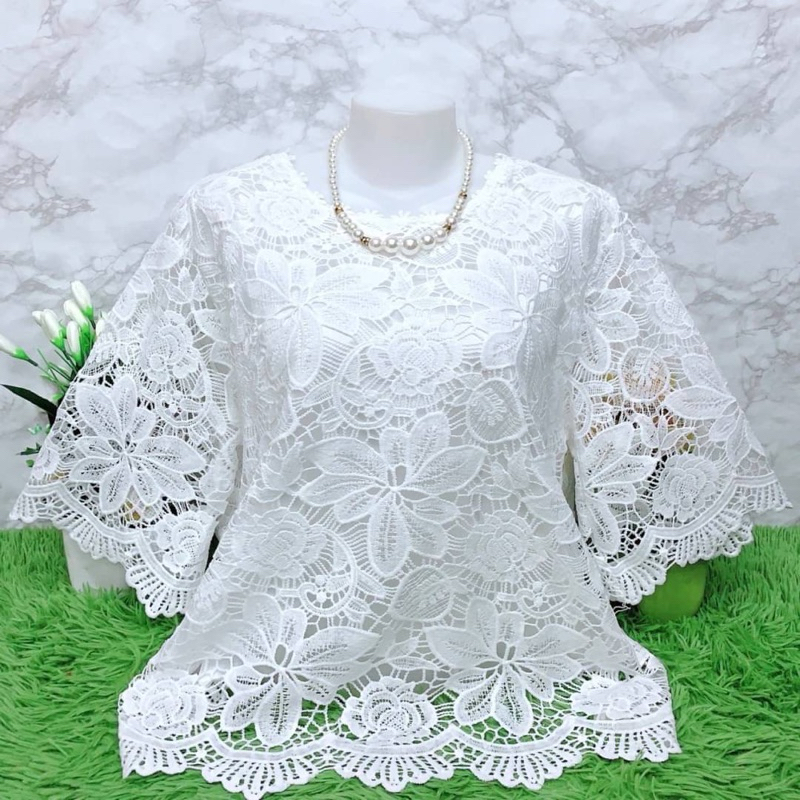 เสื้อลูกไม้ขาวล้วนผ้านิ่มใส่สบายมีซับในทั้งตัวจร้า