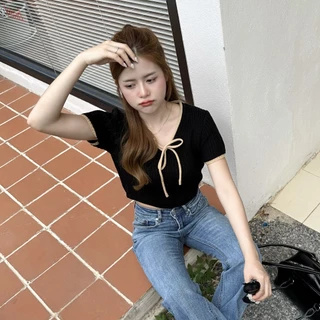 🌈SpinnyHouse🌈เสื้อครอปผ้าไหมพรม ทรงคอวี แต่งเชือกผูก 💘 ผ้ายืดนิ่มใส่สบายไม่คัน สาวอวบใส่ได้ พร้อมส่งทุกสี รุ่น กีต้าร์