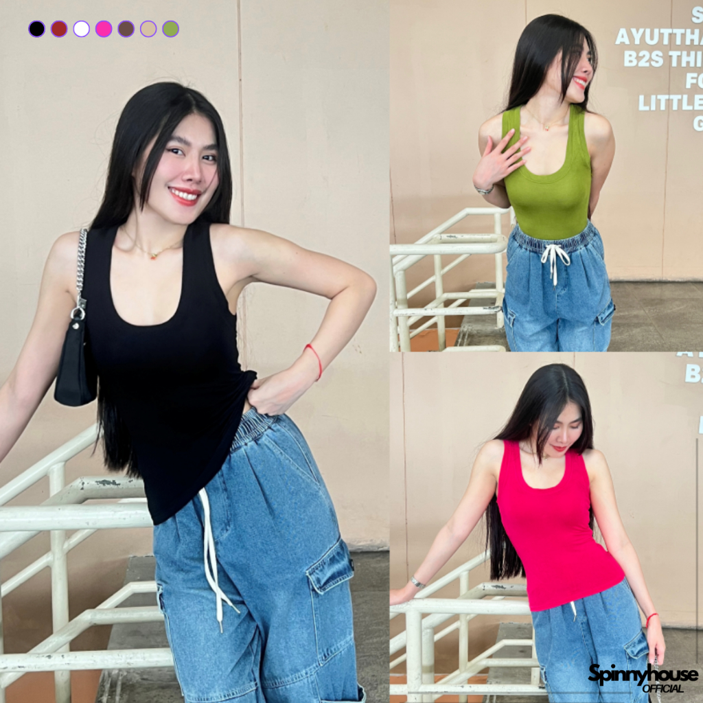 🌈SpinnyHouse🌈เสื้อกล้ามเรย่อน ทรงรัดรูป ผ้ายืดเยอะมาก สาวอวบใส่ได้ 💥 ใส่พรางหุ่น รุ่น กล้ามอุด้ง B-009-3-A
