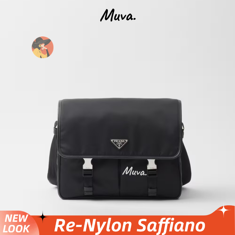 ปราด้า👜Prada Re-Nylon Regenerated Nylon และ Saffiano ผู้ชาย/กระเป๋าสะพายไหล่/กระเป๋าร่อซู้ล