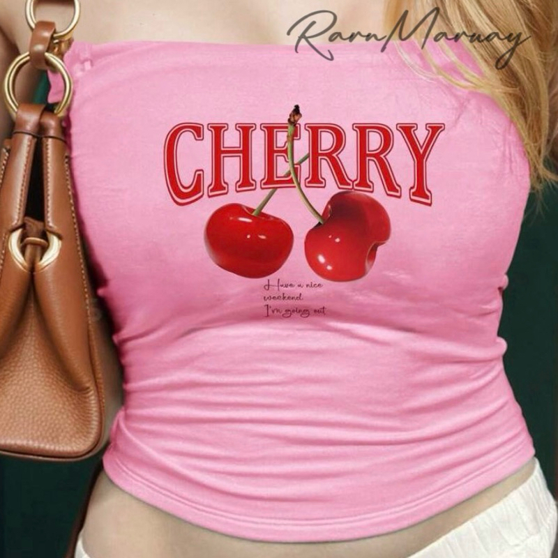 (พร้อมส่ง) เกาะอกสีชมพูสดใส พิมพ์ลายเชอร์รี่ แฟชั่นฤดูร้อน R0323
