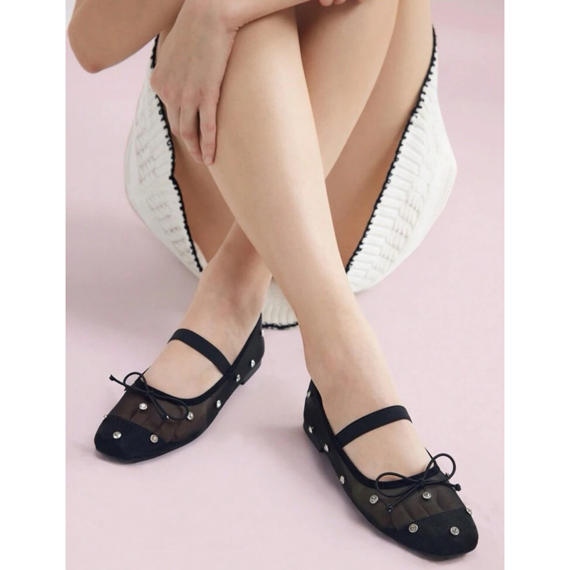 พร้อมส่งทุกสีค่ะ รองเท้า mary jane mini bow crystal ballet flats ส่งไวมากค่ะ