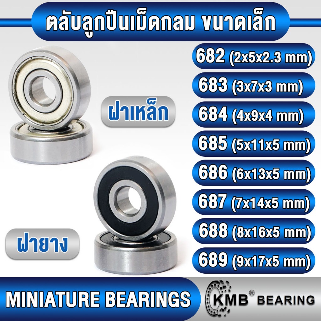 682 683 684 685 686 687 688 689 KMB ตลับลูกปืนเม็ดกลม ขนาดเล็ก (MINIATURE BEARING) ฝาเหล็ก ZZ ฝายาง 2RS (แพ็ค 10 ตลับ)