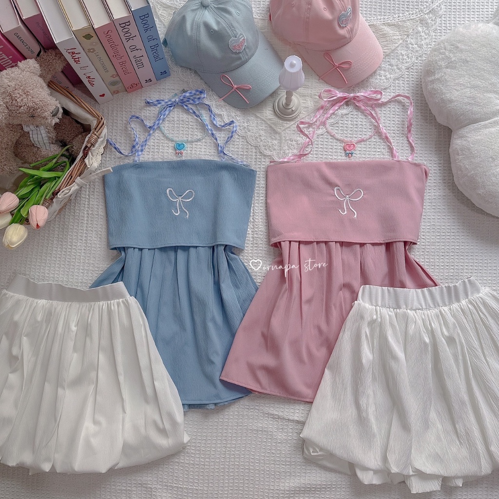 🩵☁️🧸🪞 ชุดเซต เกาะอกคล้องคอ พาสเทล สีหวาน น่ารัก + กระโปรงบอลลูน