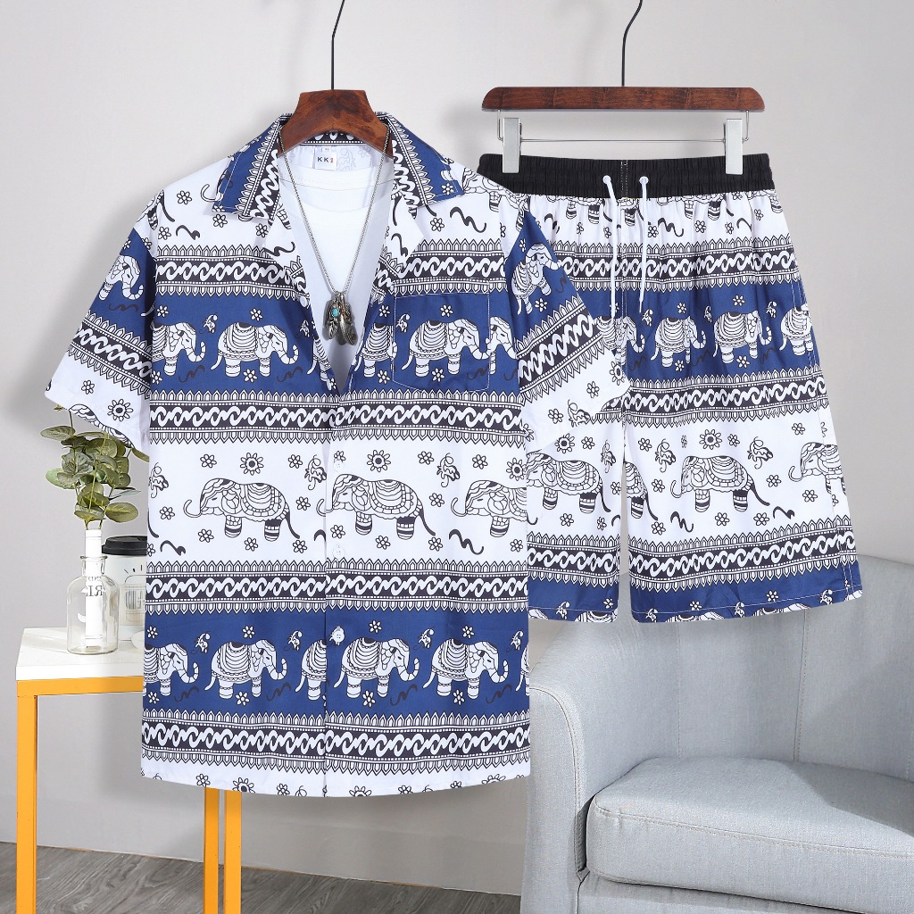 2088#เสื้อเชิ้ตเป็นชุดลายใหม่ล่าสุด ลายช้างฮาวาย เสื้อบวกกางเกง