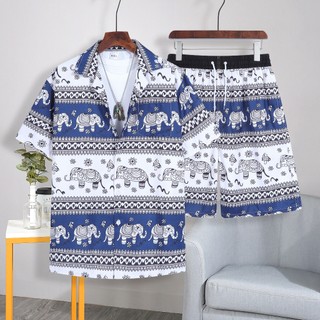 2088#เสื้อเชิ้ตเป็นชุดลายใหม่ล่าสุด ลายช้างฮาวาย เสื้อบวกกางเกง