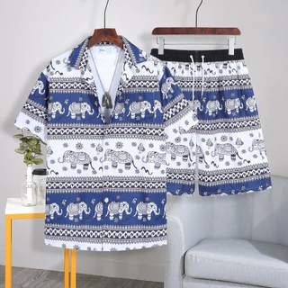 2088#เสื้อเชิ้ตเป็นชุดลายใหม่ล่าสุด ลายช้างฮาวาย เสื้อบวกกางเกง