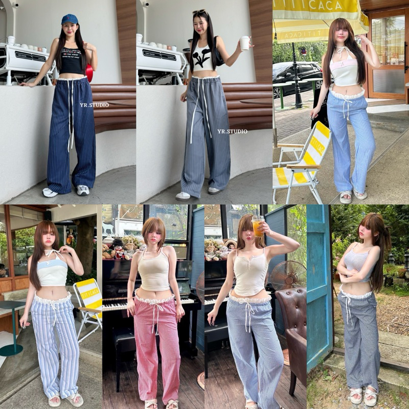 กางเกงขายาว เเต่งเอวขอบสีขาวสองชั้น เเละเชือกรูด พร้อมส่งจากไทย