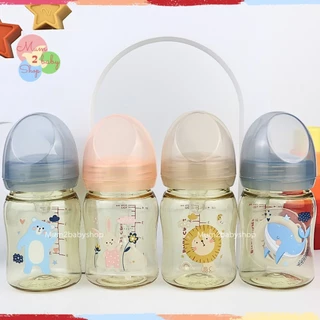 Babi care ขวดนมสีชาคอกว้าง ไม่ดูดไม่ไหล ลายการ์ตูน เบบี้แคร์ 4ออนซ์,8ออนซ์ แพ็คคู่ [เลือกสีได้]