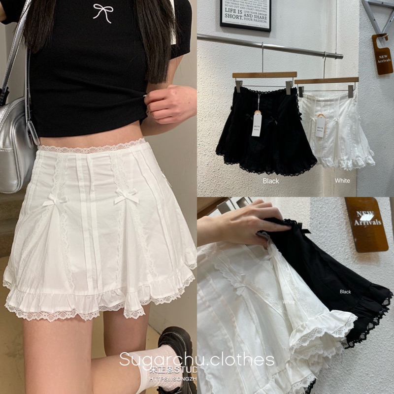 Lace skirt black and white กระโปรงแต่งลูกไม้ติดโบว์สุดคิ้ว -รหัส108