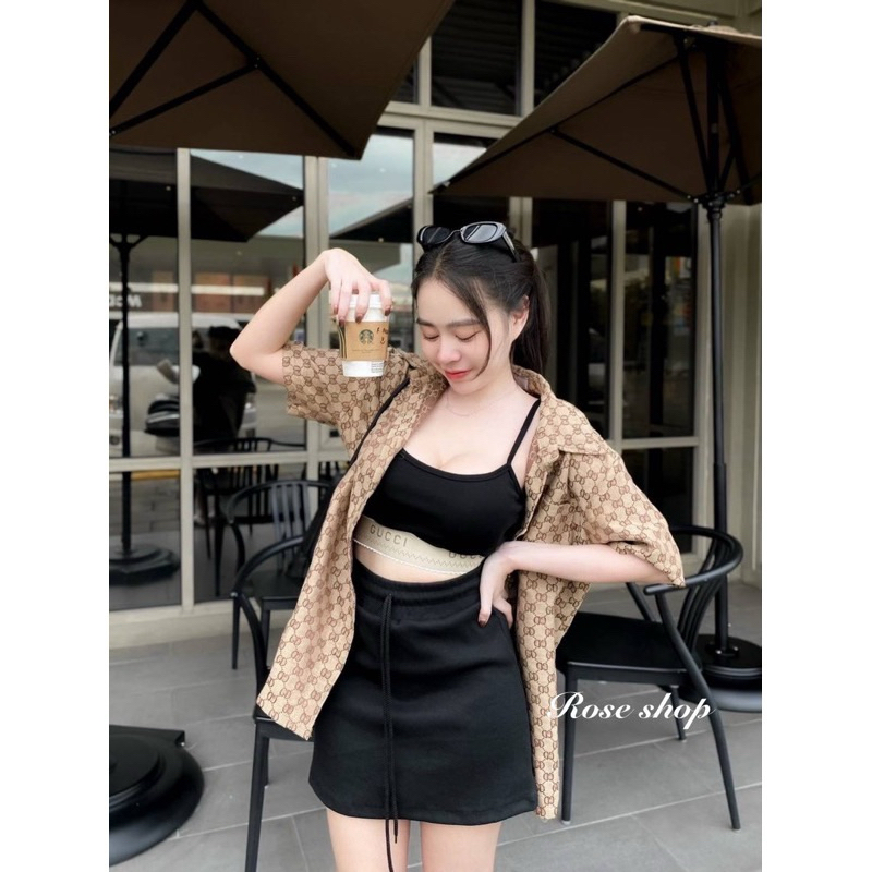 ชุดเซต 3 ชิ้น เสื้อคลุมลาย แบรนด์ดัง +เสื้อสายเดี่ยว+กระโปรง น่ารัก