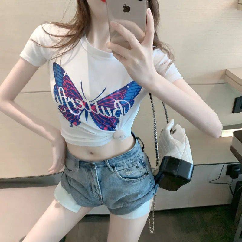 เสื้อครอปผู้หญิง ครอปสั้น ลายผีเสื้อ เสื้อยืดผู้หญิง E8005 - รูปที่ 2