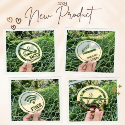 ป้ายสแตนเลส304สีทองเงา บอกสัญลักษณ์ 📣 Free WIFI ,📣 KEEP SILENT ,📣 SMOKING AREA ,📣 NO SMOKING ติดผนัง