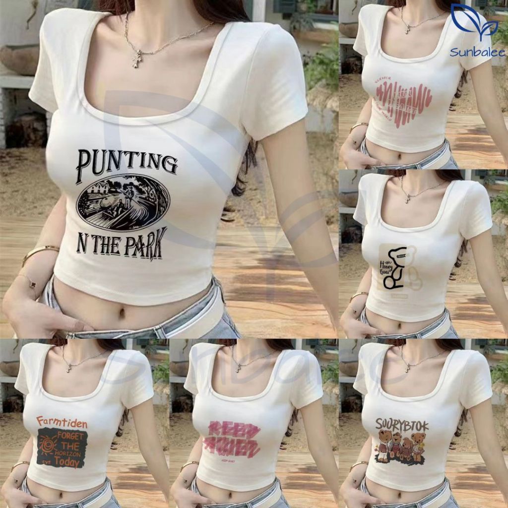 SUNBALEE CU งานครอป เสื้อครอป เสื้อคอกลม แขนสั้น เอวลอย ผ้าคอตตอนผสม ลายการ์ตูน นิ่มใส่สบาย พร้อมส่ง