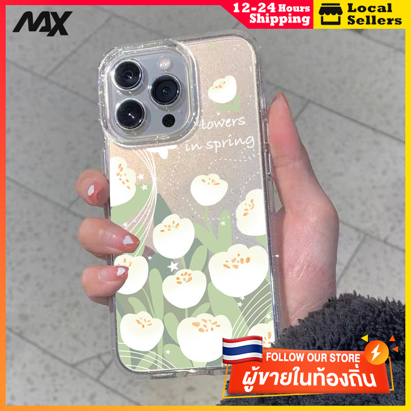 ผงเพชรแผ่นโปร่งใส เทรนด์แฟชั่น ดอกไม้ครึ่งหน้าจอ for 11 12 13 15 14plus 15 pro max XR 12 13pro 14 7P 8P XS 14Pro 11pro