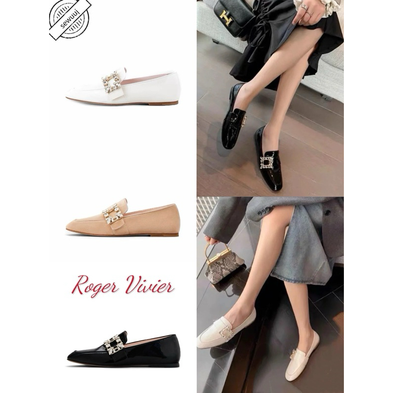 ของแท้ Roger Vivier Mini Broche Vivier รองเท้าโลฟเฟอร์หัวกลมหัวเข็มขัดเพชร