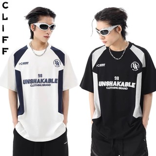 CLIFF แขนสั้นเย็บต่อกัน เสื้อยืดผู้ชาย เสื้อทรงหลวมสไตล์อเมริกัน ใส่ได้ทั้งชายและหญิง