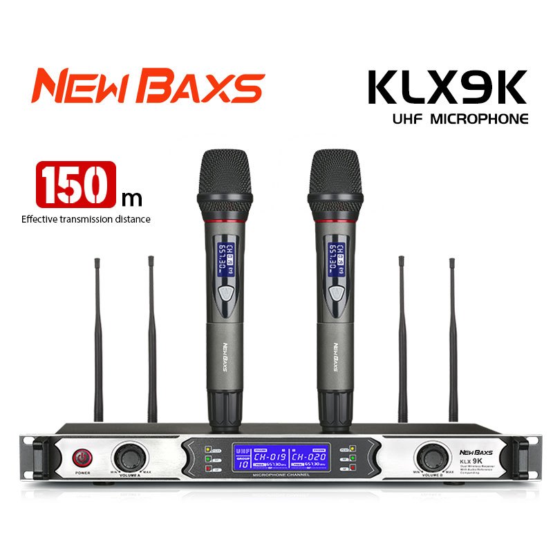 NEW BAXS ไมโครโฟนไร้สาย KLX-9K 2 ชิ้น UFH FM 800MHz 4 เสาอากาศ ระยะรับสัญญาณ 150 เมตร COD