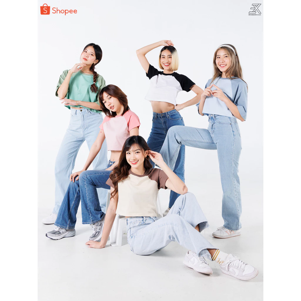 Expogarment เสื้อครอป ไหล่สโลป เอิร์ธโทน เอวลอย CROP แขนสั้น คอกลม ผ้าคอตตอน มี3ทรง earthtone