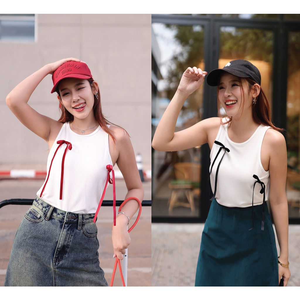 [Sale ปกติ 490 เหลือ 200 บาท] T0122998 เสื้อยืดแขนกุดติดริบบิ้นมัดโบ - มี 2 สี : โบแดง , โบดำ - NUMBERSEVEN