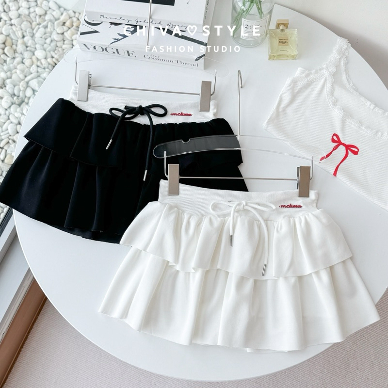 -𝐂𝐡𝐢𝐯𝐚- พร้อมส่ง กระโปรงระบายชั้นๆ ผ้าวอร์ม(ซับในกางเกง)