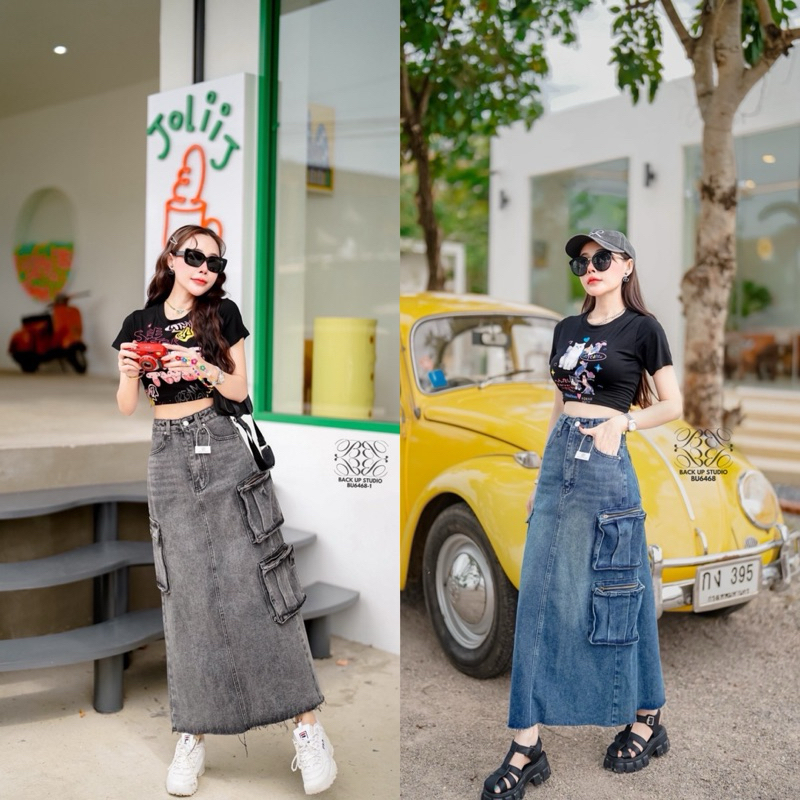 MOODY6468 กระโปรงยีนส์ตัวยาว กระเป๋าคาร์โก้ใหญ่ๆ ทรงวินเทจ (S-6XL)