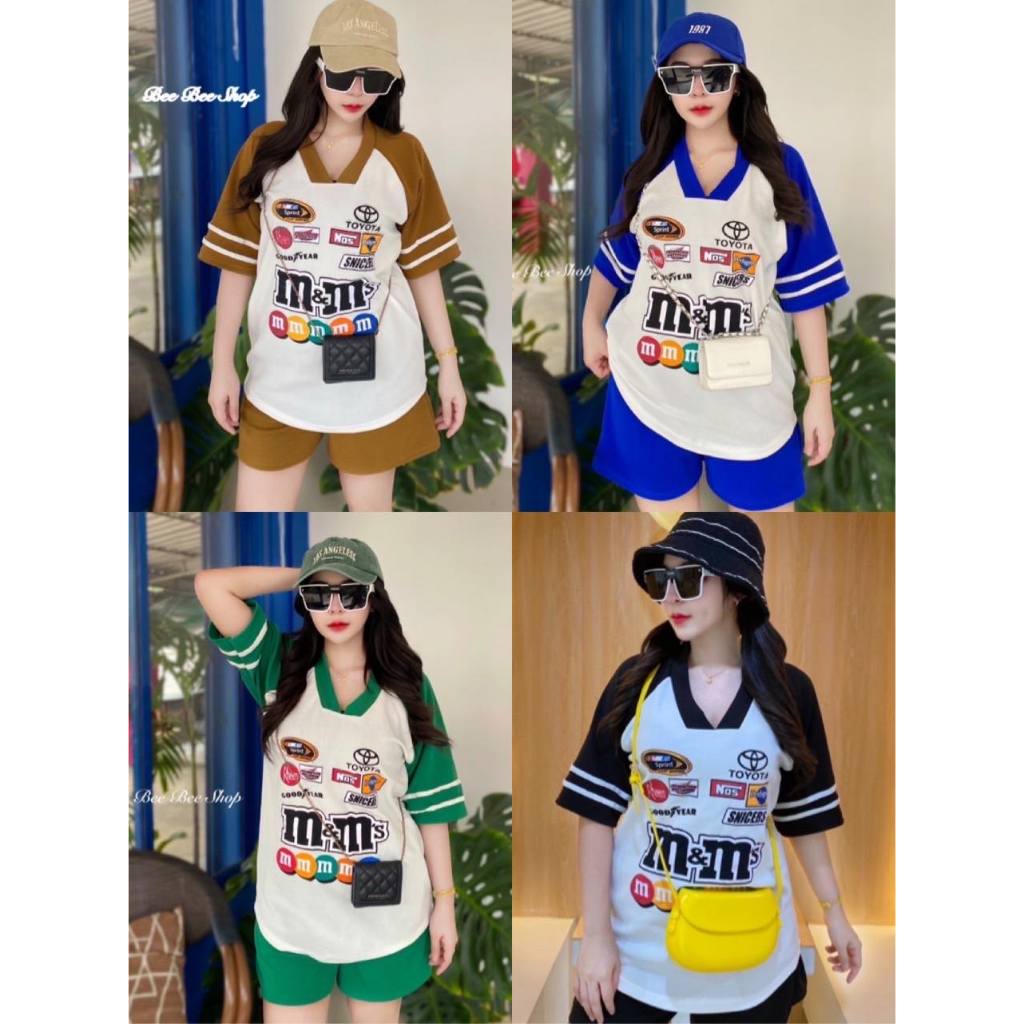 BB Set 2 ชิ้น M&M สุดฮิต เสื้อคอวีโอเวอร์ไซส์ + กางเกงขาสั้นมีกระเป๋าข้าง สวยมากฮิตสุดๆ