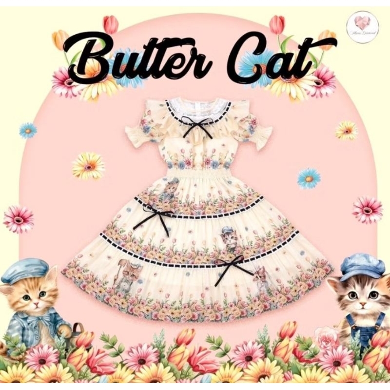 L มือ 1 Maria Diamond รุ่น Butter Cat เดรสยาว สีครีม ลายแมว