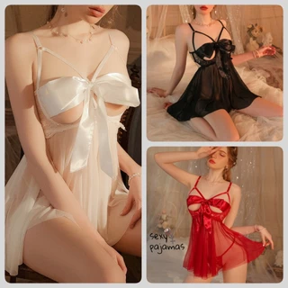 sexy pajamas🎗️🎗️ชุดนอนผู้หญิง ชุดนอนซีทรู โบว์ที่หน้าอกสามารถปลดออกได้ 🧜‍♀🧜‍♀ วัสดุตาข่าย ส่งจากไทย（H1155）