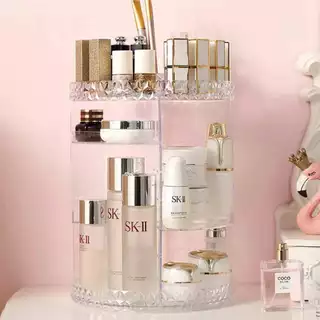 สินค้าพร้อมส่ง ลายเพชร กล่องเก็บเครื่องสำอางอะคริลิคชั้นวางเครื่องสำอางหมุนได้360°