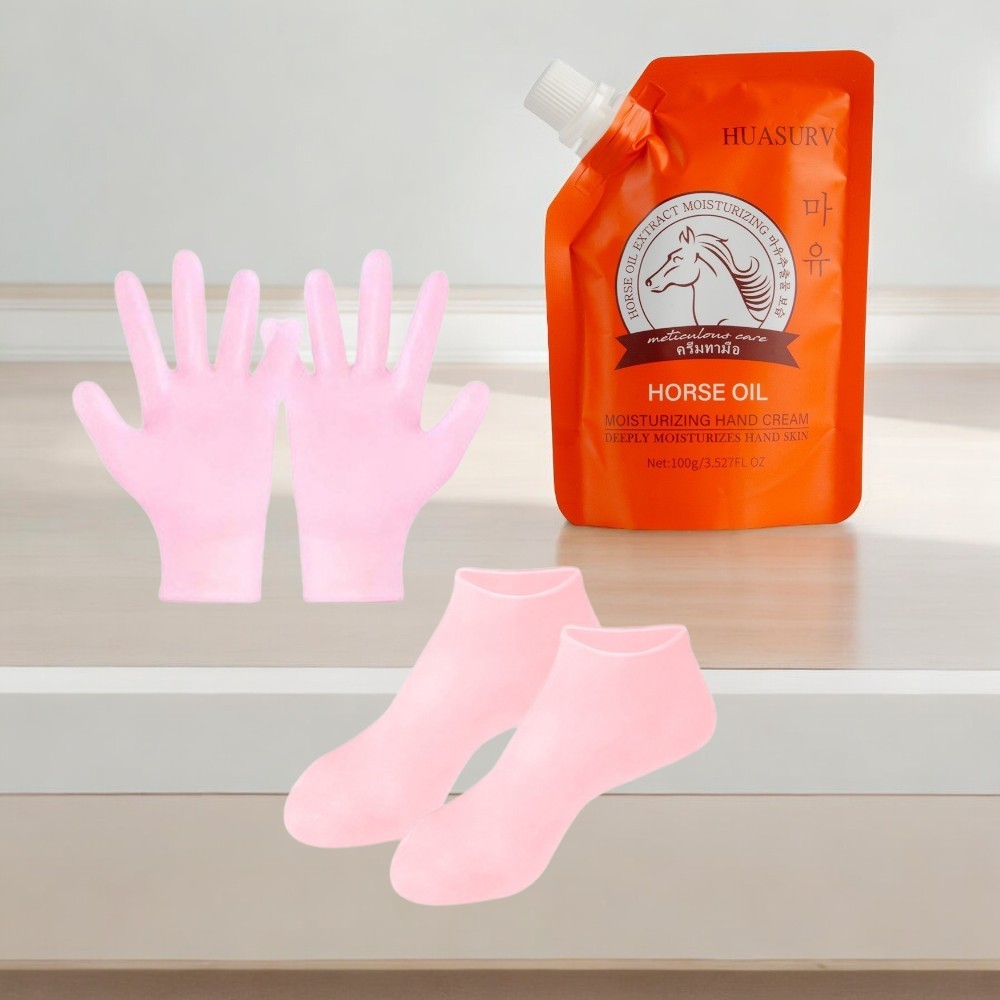 ถุงเท้าสปา ถุงมือสปา ให้ความชุ่มชื้น + น้ำมันม้าสกัด บำรุงมือ บำรุงเท้า ให้ความชุ่มชื้น (ฟรีไซส์ถึง38)
