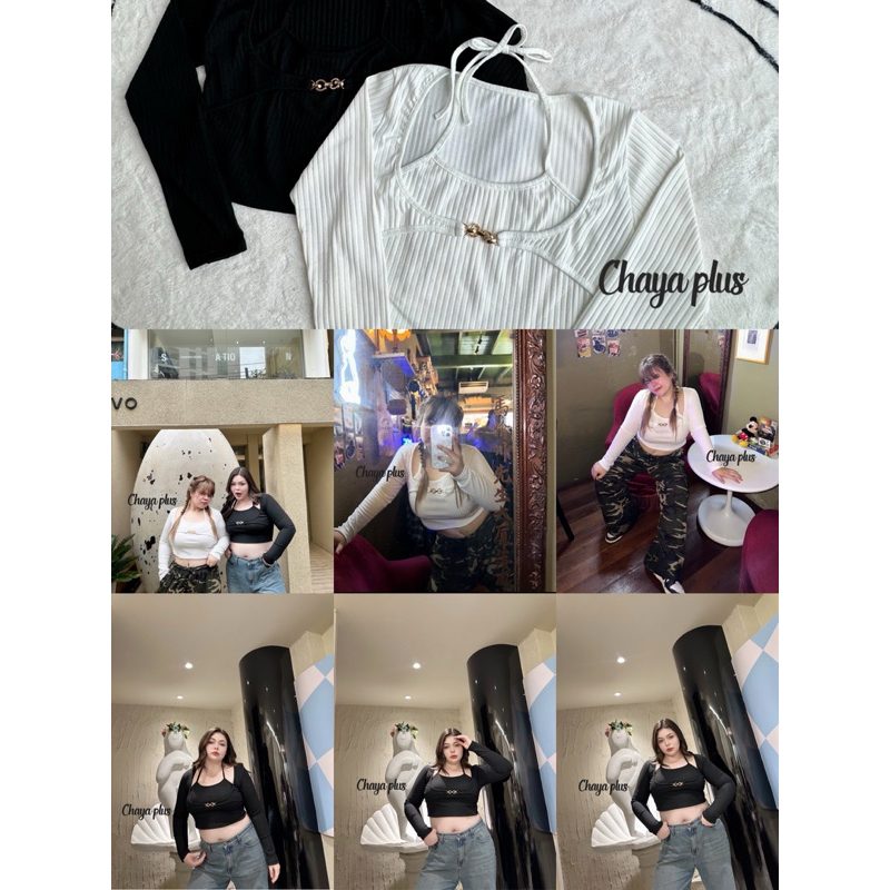 ส่งจากกทม เสื้อครอปแขนยาว ผูกคอ Plussize