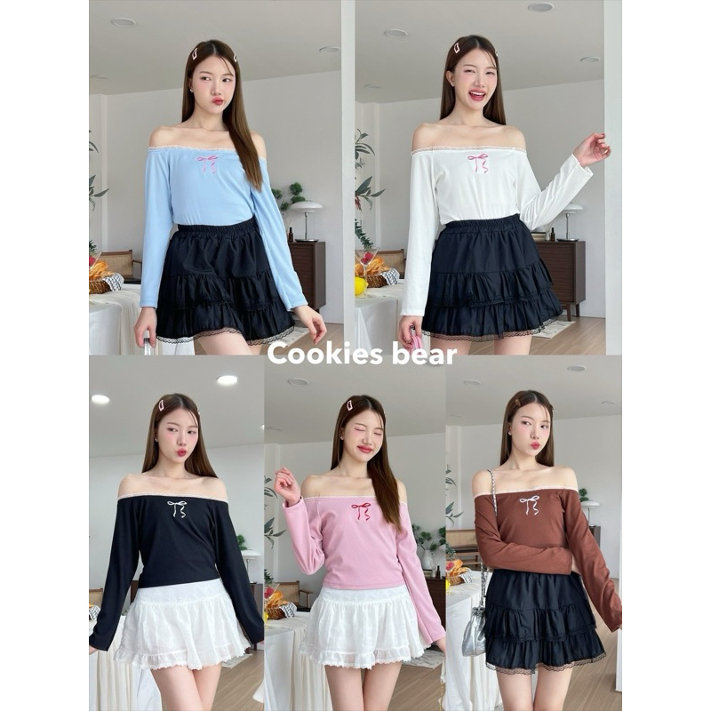 🍪🐻Cookies Bear🍪🐻ปาดไหล่แขนยาว แต่งโบว์ปัก💐เรียบๆใส่สวยมากกก🎀