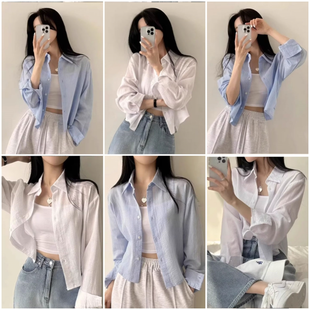 SMDB5023 เสื้อเชิ๊ตสวยม๊วฟแขนยาวคอปกทรงสั้นสไตล์ชิวๆน่ารักๆสำหรับผู้หญิง สีขาว/ฟ้า FreeSize อก40 ผ้านิ่มมากไม่ต้องรีด!!