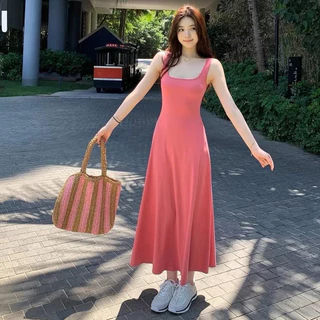 เดรสยาว สีดำ แขนกุด ทรงเอ เปิดไหล่สายฝอ ผ้าเนื้อนุ่ม ยืดหยุ่นเข้ารูป สวมใส่สบายไม่ร้อน พริ้วตามตัว #8057