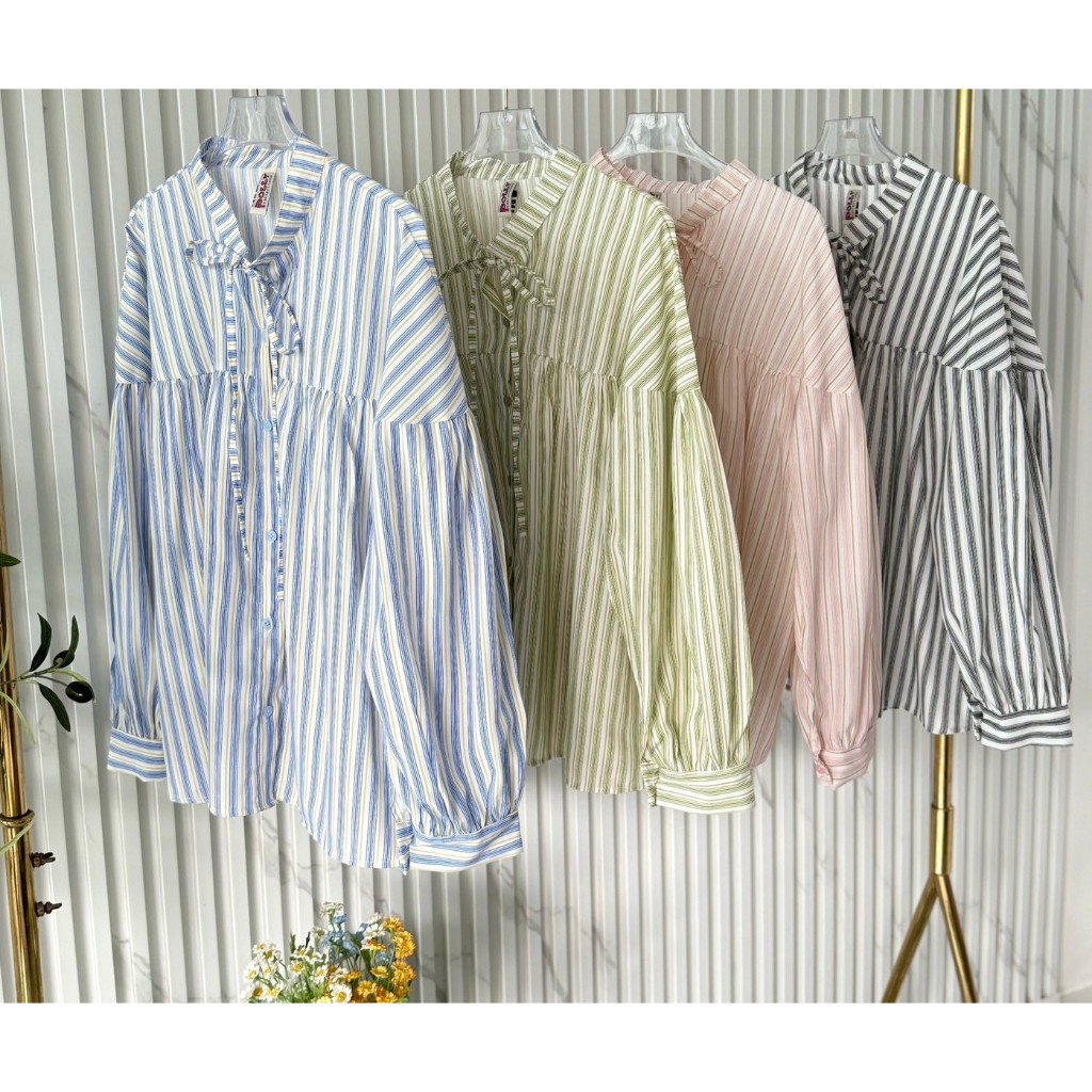ป้าย Polly Collection เสื้อคอจีนลายริ้ว อก 42 นิ้ว