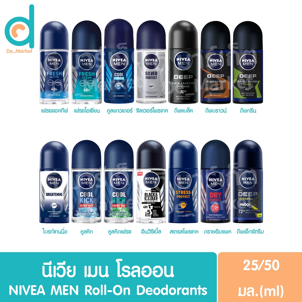 นีเวีย เมน โรลออน 25/50 มล. Nivea Men Roll On 25/50 ml. (นีเวียโรลออนชาย, ระงับกลิ่นกาย)