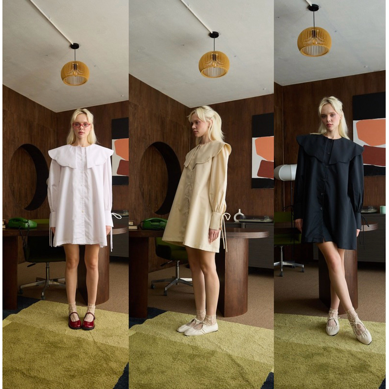 Aunchadabrand - Ane dress เดรสกระโปรงสั้นฟรีไซส์ คอปกหยัก ข้อมือมีเชือกผูก **พร้อมส่ง**