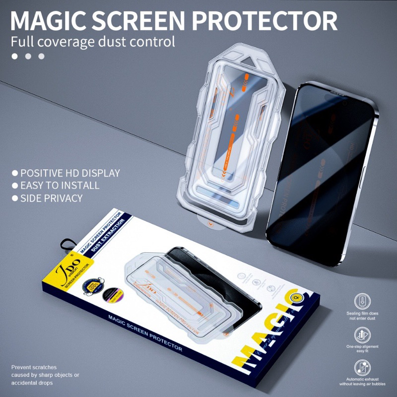 ฟิล์มกระจกใสเต็มจอ JDO พร้อมกรอบช่วยติด สำหรับไอโฟน i11ถึง i15ProMax iX/Xs iXR i11 i12 i13 i14 i15