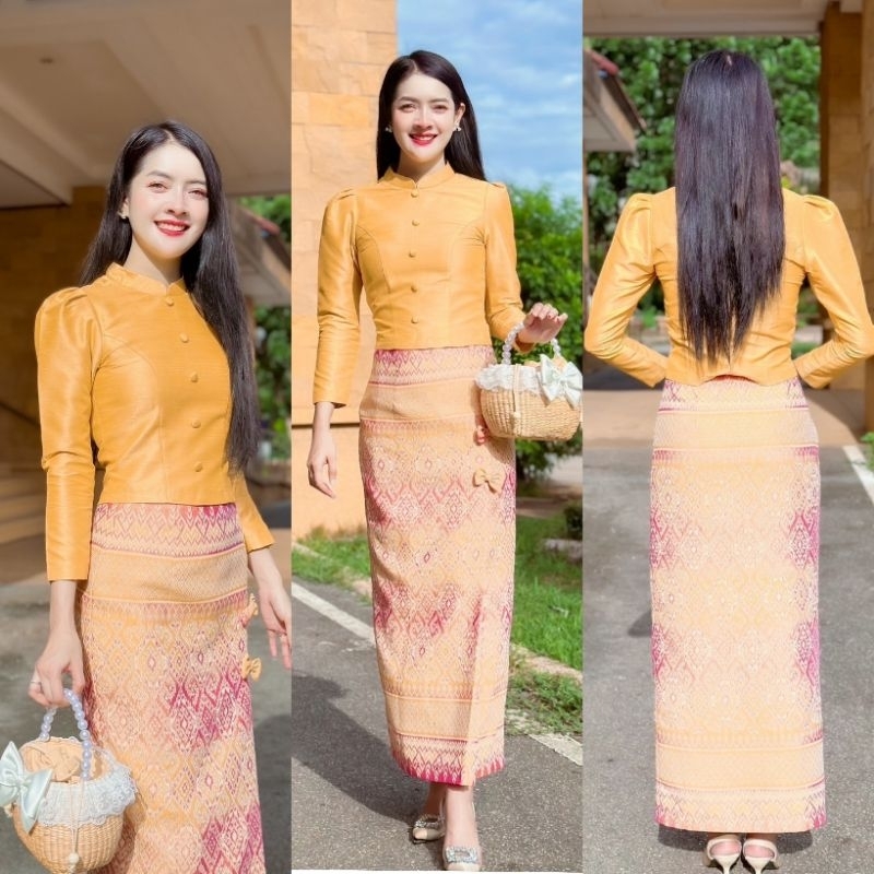 ชุดแยกชิ้นจิตรดา เสื้อ+กระโปรงผ้าถุงทอลายอัดกาว
