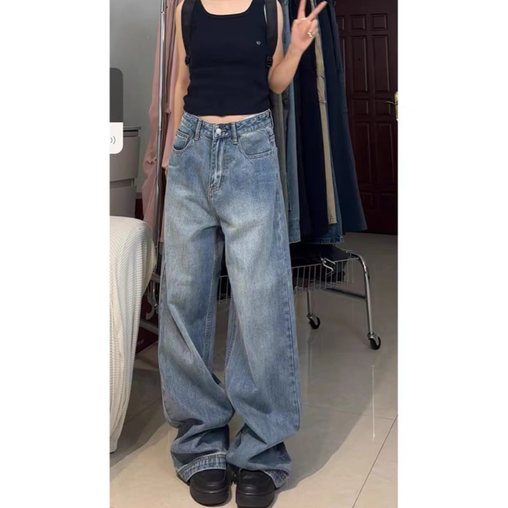 Women Summer New American Style Ins High Street Retro Jeans Niche High Waist Wide Leg Plus Size Pants - รูปที่ 5