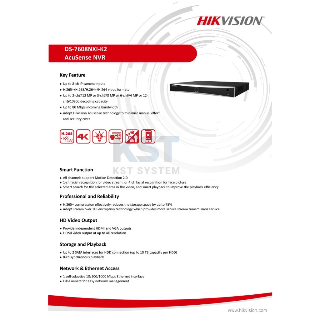 DS-7608NXI-K2 Hikvision Acusense NVR 8ช่อง 2SATA