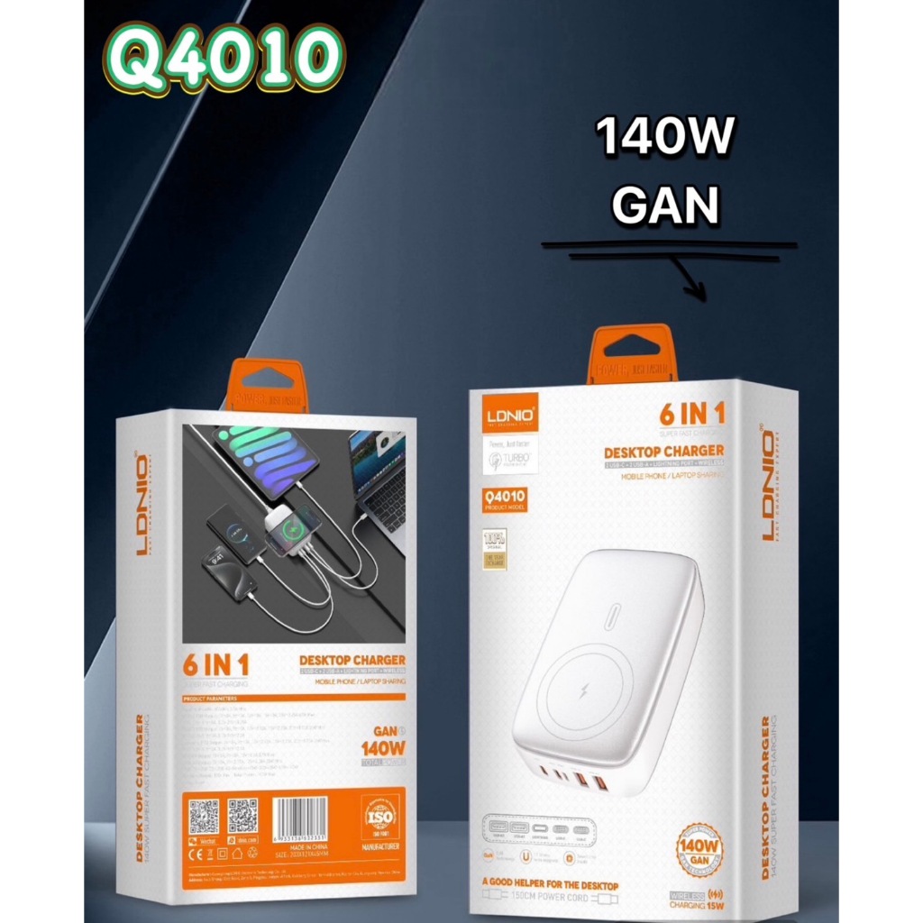 ￼แท้ หัวชาร์จเร็ว LDNIO Desktop Charger 6in1 รุ่น Q4010 กำลังไฟ 133W GaN PD หัวชาร์จเร็ว ที่ชาร์จไร้สาย สีขาว/ดำ