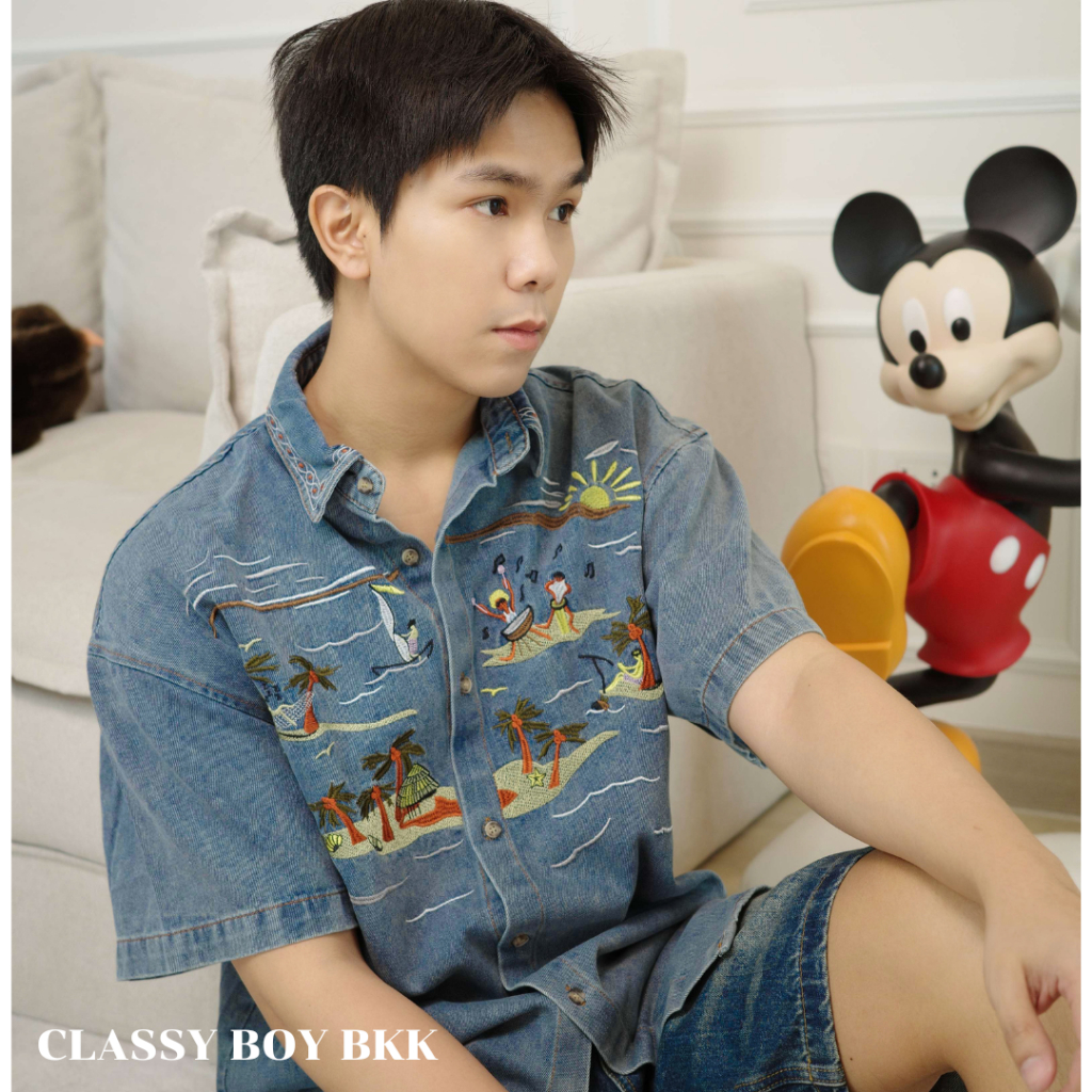 เสื้อเชิ้ตยีนส์แขนสั้นโอเวอร์ไซต์ งานปักเกาหลีพรีเมียม Summer jeans Shirt Premium