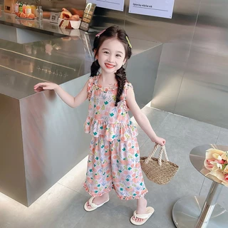 Babyonline(Y459)I4 (ส่งด่วน1วัน)ชุดเซ็ตเสื้อแขนกุดกางเกงขายาวสำหรับเด็กผู้หญิง ใส่สบาย ระบายอากาศ