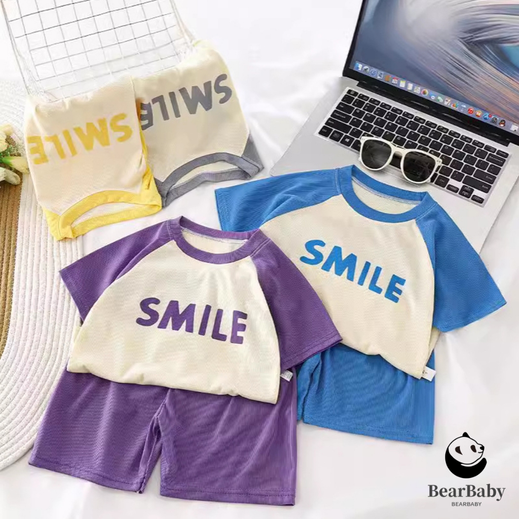ชุดเซทเด็ก เสื้อผ้าเด็ก เซท 2 ชิ้น แขนสั้นขาสั้น ผ้าร่องเล็ก เย็นๆใส่สบาย Smile สีทูโทนสวย